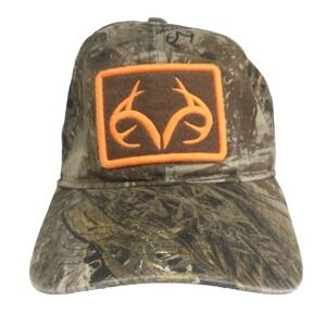 Realtree Camo Stretch Fit Hat Mens SM Brown Orange Antler Logo Baseball Cap